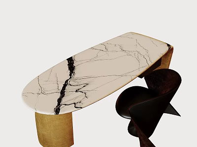 Contemporary Office Desk with Marble Top Gold Legs and Modern Accent Chair for Home Office 3d model