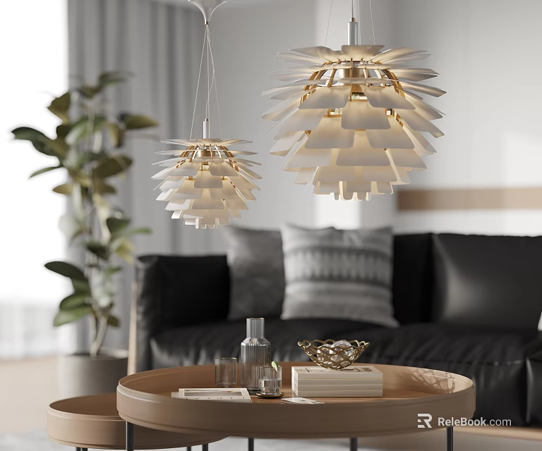 Modern Layered Pinecone Shaped White Chandeliers In Living Room Interior Design 3d model 