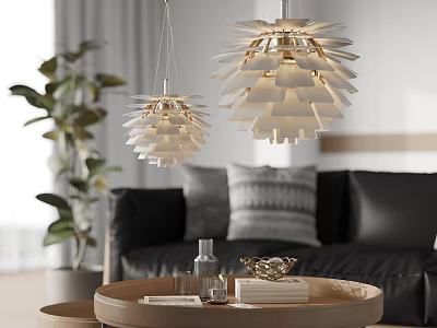 Modern Layered Pinecone Shaped White Chandeliers In Living Room Interior Design 3d model
