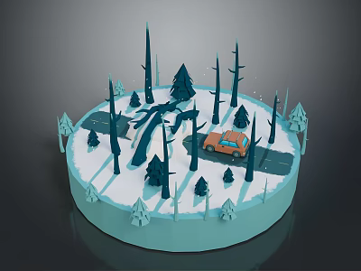 Snowy Forest Landscape With Winding Road And Orange Car Among Pine Trees 3d model