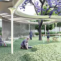 Modern Pergola Featuring Curved White Structure And Yellow Circular Elements With Greenery And Trees 3d model