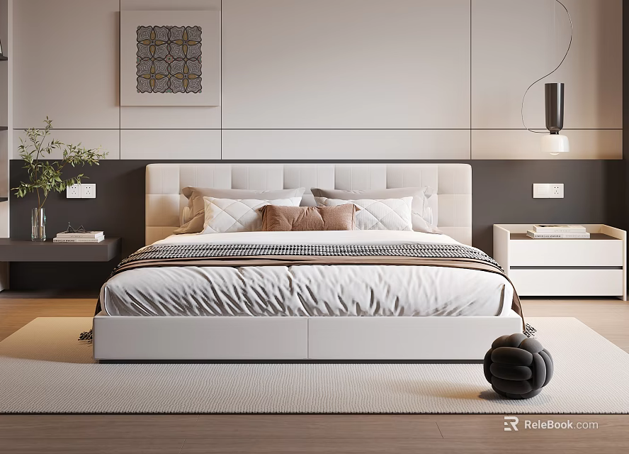 Modern Minimalist Double Bed With Upholstered Headboard Pillows Nightstands And Decorative Wall Art 3d model 