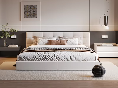 Modern Minimalist Double Bed With Upholstered Headboard Pillows Nightstands And Decorative Wall Art 3d model