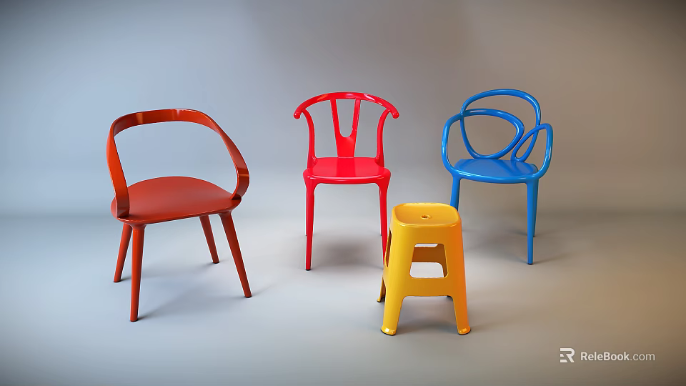 Colorful Modern Plastic Single Chairs with Curved Back and Vibrant Red Blue Design 3d model 