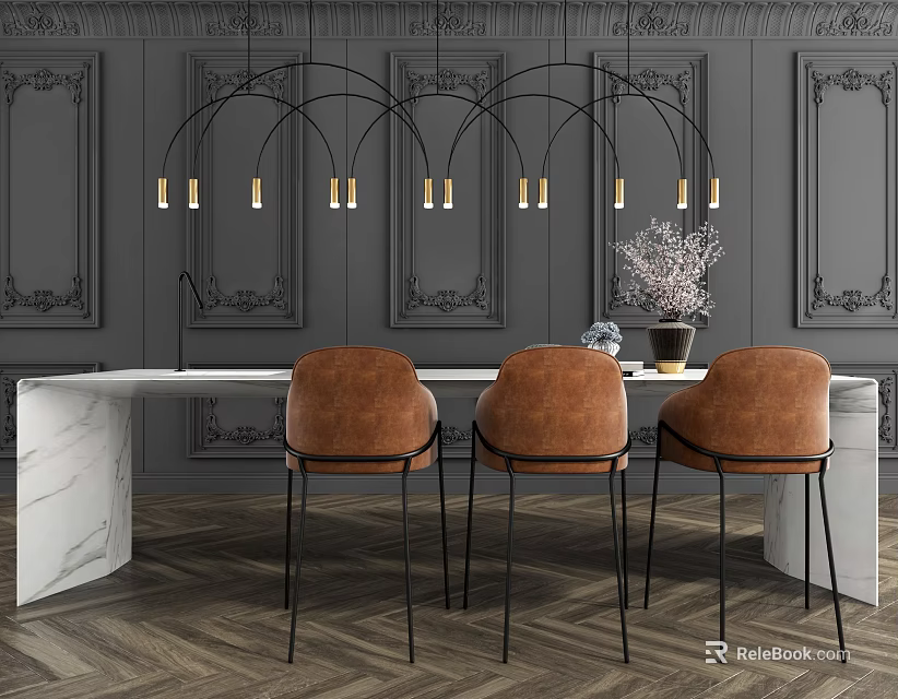 Elegant Dining Table Set With White Marble Top Brown Chairs And Decorative Dark Wall 3d model