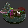 Modern Miniature Scene Featuring Wooden Cabin Gazebo Staircase Small Shed and Green Lawn