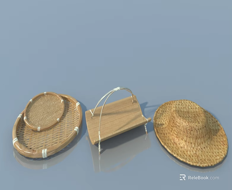 Handwoven Bamboo Flat Panel Door With Natural Straw And Wooden Accents 3d model 