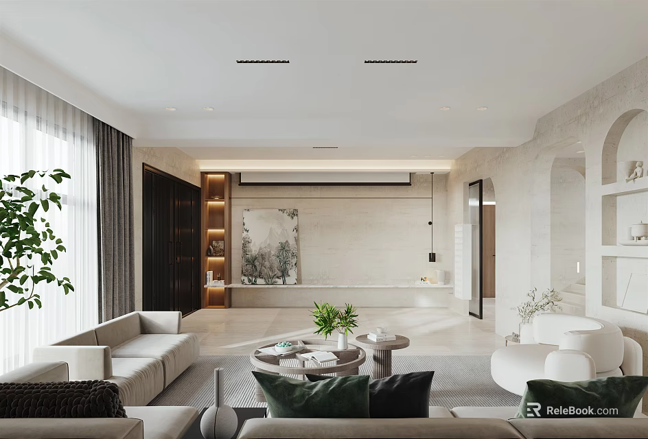 Modern Living Dining Room Interior Design With Sofa Coffee Table Green Plant And Neutral Tones 3d model 