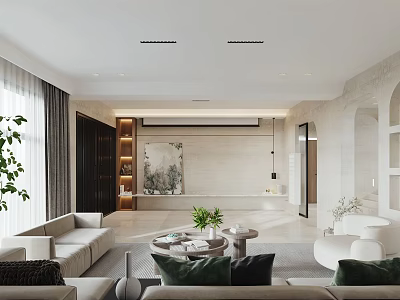 Modern Living Dining Room Interior Design With Sofa Coffee Table Green Plant And Neutral Tones 3d model