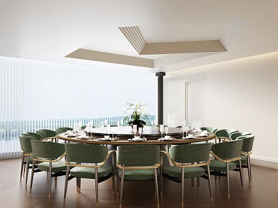 Modern Dining Room Round Dining Table with Green Chairs Flower Arrangement Vertical Blinds Scenic View 3d model