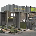 Modern Cafe Exterior And Interior With Metal Structure Green Cabinets And Outdoor Seating