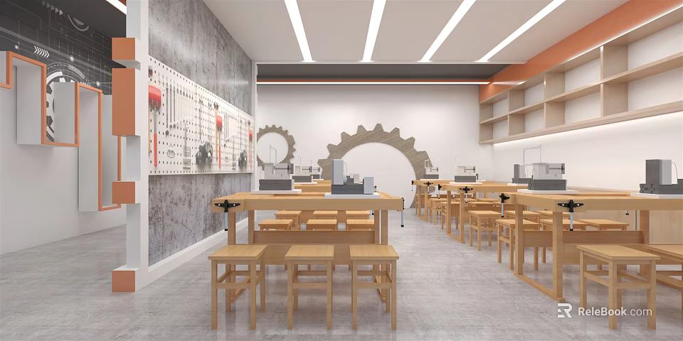 School Workshop Classroom With Wooden Tables Stools And Gear Wall Decorations 3d model 