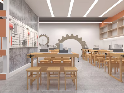 School Workshop Classroom With Wooden Tables Stools And Gear Wall Decorations 3d model