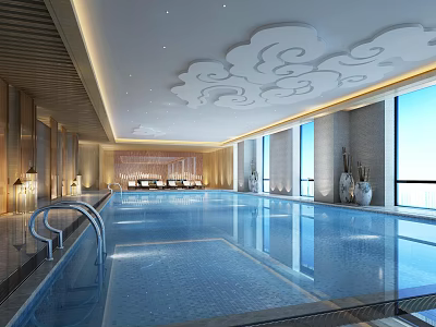Modern Indoor Swimming Pool Interior With Large Windows And Decorative Ceiling Design 3d model