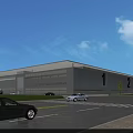 Modern Industrial Factory Building With 1 2 Markings Large Parking Area Cars And Green Trees