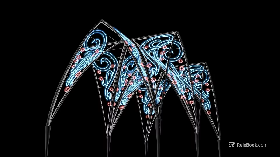 Modern Illuminated Door Arches With Curved Blue Red Patterns And Metal Frames 3d model 