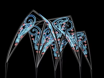 Modern Illuminated Door Arches With Curved Blue Red Patterns And Metal Frames 3d model