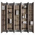 Modern Wooden Bookcase With Layered Shelves Books Decorative Vases And Marble Backdrop