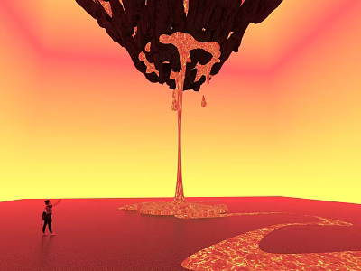 Giant Black Art Installation Featuring Dripping Red Liquid Orange Red Backdrop And Human Figure 3d model