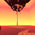 Giant Black Art Installation Featuring Dripping Red Liquid Orange Red Backdrop And Human Figure