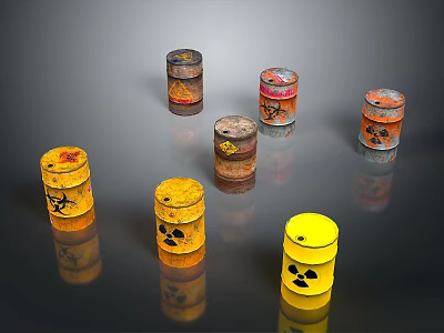Rusted Radioactive Barrels With Radiation Symbols On Reflective Dark Surface 3d model