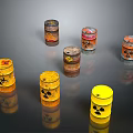 Rusted Radioactive Barrels With Radiation Symbols On Reflective Dark Surface