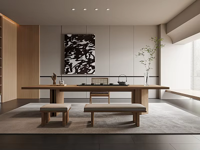 Modern Tea Room Interior With Wooden Table Benches And Art 3d model