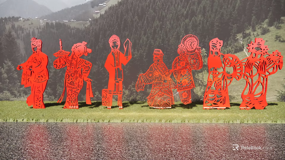 Garden Landscape with Red Paper Cut Figures in Traditional Costumes and Green Mountains by Water 3d model 