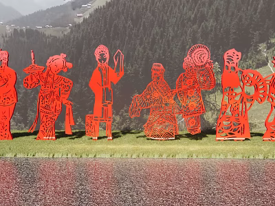 Garden Landscape with Red Paper Cut Figures in Traditional Costumes and Green Mountains by Water 3d model