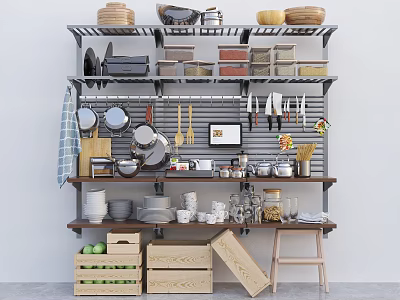 Various Kitchenware Display On Shelves With Pots Pans Bowls Plates And Utensils 3d model