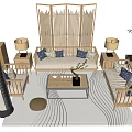 Natural Style Sofa Coffee Table Combination With Blue Sofa Wooden Table Pillows Screen And Floor Lamp