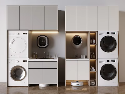 Modern Laundry Room Design With Stackable Washing Machine Dryer And White Storage Cabinets 3d model