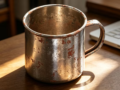Rusted Metal Cup With Patina Finish On Wooden Table In Sunlight 3d model