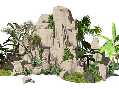 Garden Ornament Featuring Natural Rock Formation With Palm Trees Banana Plants And Shrubs 3d model