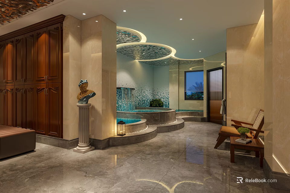 Luxury SPA Sauna Interior With Hot Tub Marble Flooring Wooden Cabinet And Soft Lighting 3d model 