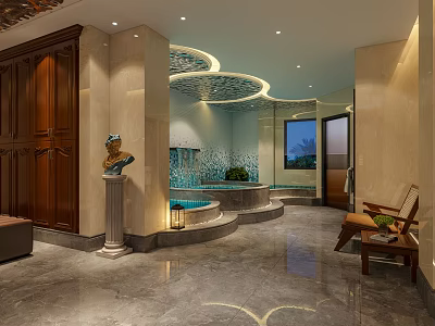Luxury SPA Sauna Interior With Hot Tub Marble Flooring Wooden Cabinet And Soft Lighting 3d model