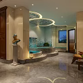 Luxury SPA Sauna Interior With Hot Tub Marble Flooring Wooden Cabinet And Soft Lighting