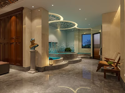 Luxury SPA Sauna Interior With Hot Tub Marble Flooring Wooden Cabinet And Soft Lighting 3d model