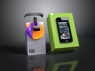 Colorful VR Headset And Smartphone In Display Cases With Game Interface Screen 3d model