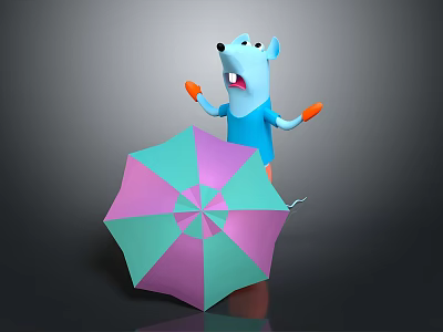 Blue Cartoon Mouse Character With Orange Gloves Surprised Expression And Fallen Pink Green Umbrella 3d model