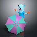 Blue Cartoon Mouse Character With Orange Gloves Surprised Expression And Fallen Pink Green Umbrella