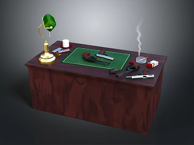 Wooden Office Desk Featuring Green Lamp Gold Base Green Mat Tools White Cup And Steaming Glass 3d model