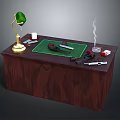 Wooden Office Desk Featuring Green Lamp Gold Base Green Mat Tools White Cup And Steaming Glass