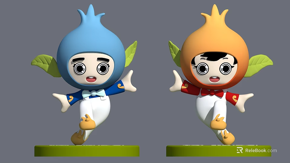 Cute Blue And Orange Cartoon Characters With Leaf Decorations Waving Hands 3d model 