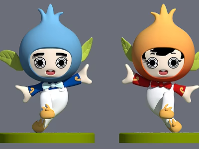 Cute Blue And Orange Cartoon Characters With Leaf Decorations Waving Hands 3d model