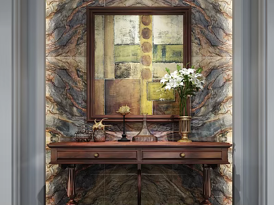 Stylish Entryway Console Table with Decorative Painting Vase and Candlesticks on Patterned Wall 3d model