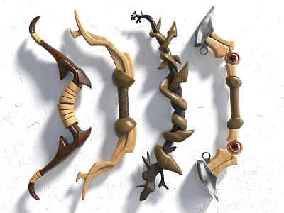 Handcrafted Weapon Bows Featuring Various Designs And Unique Wooden Metal Details 3d model