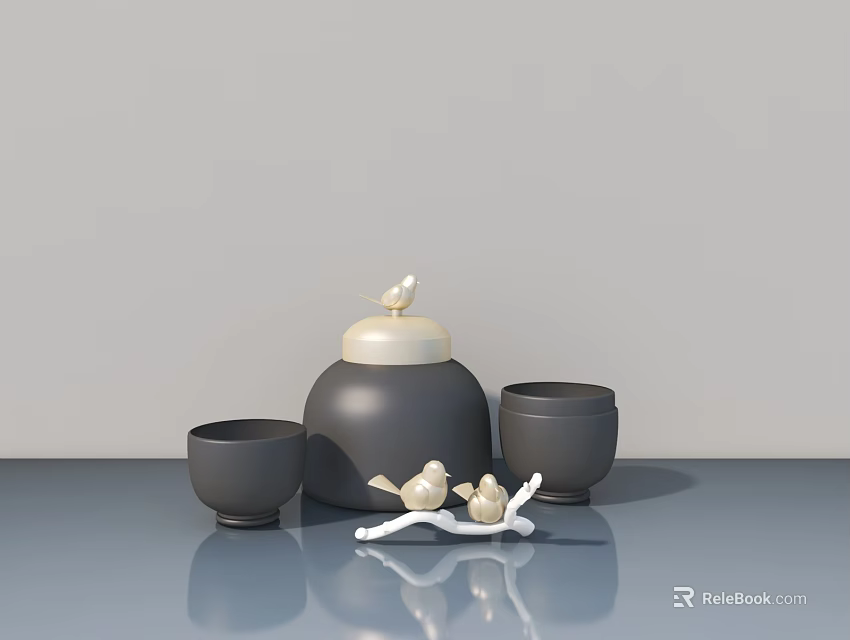 Elegant Swing Door Design With Gray Background Black Jar And Bird Decor 3d model