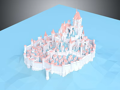 Cartoon Castle 3D Model Scene With Pink Spires And White Decorative Architecture Details 3d model