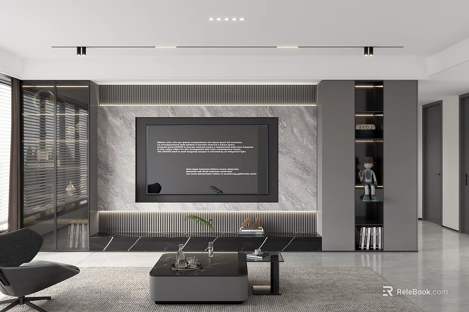 Modern Living Room TV Wall Design With Marble Panel LED Lighting And Display Shelves 3d model 